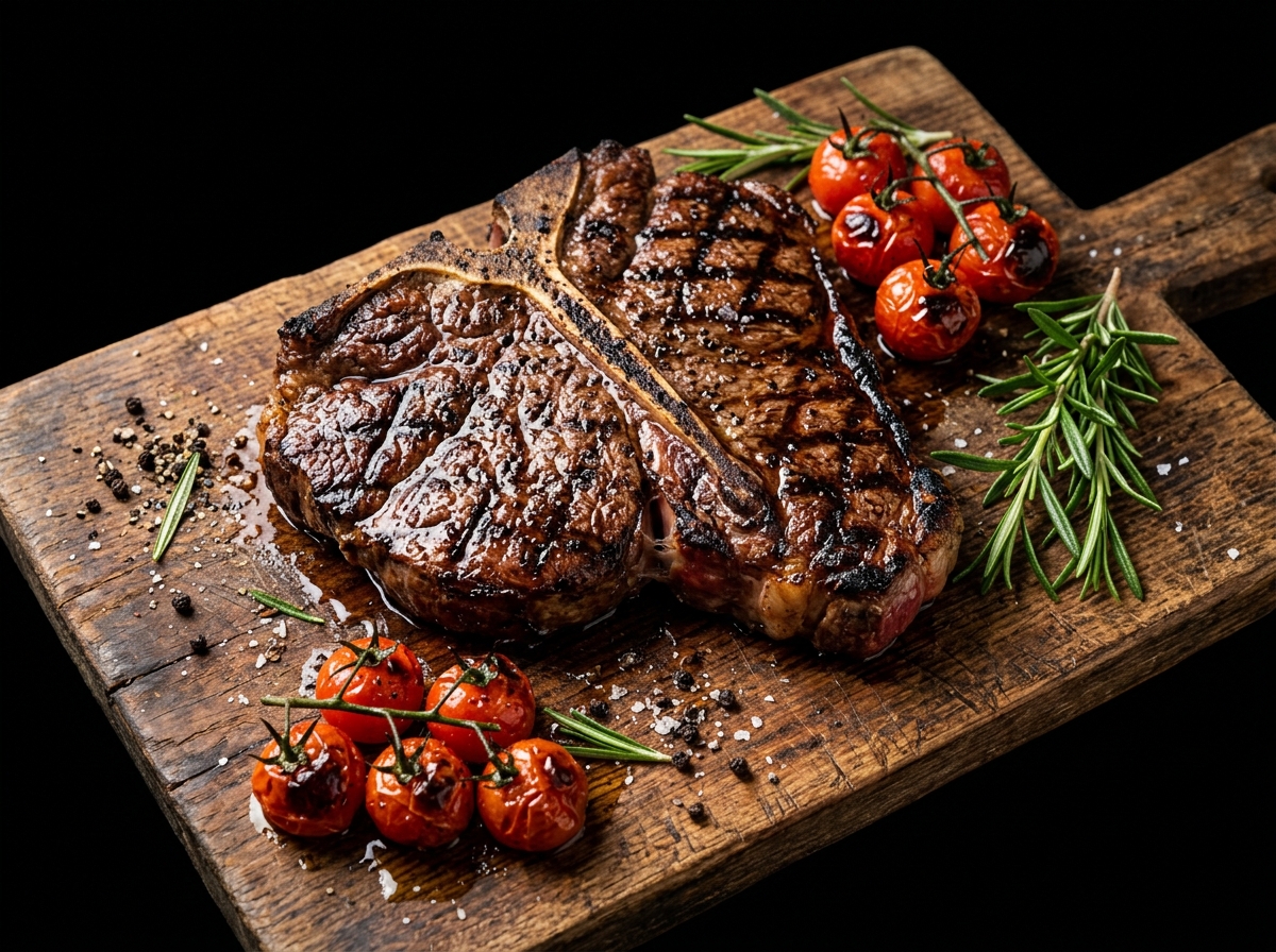 Prime Grilled T-bone Steak on Rustic Wooden Board with Rosemary and Cherry Tomatoes